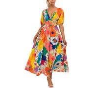 Vestidos casuales de verano para mujer, manga corta, estampado de flores coloridas, cuello en V, mangas abombadas, cintura elástica, vestido francés de moda, vestidos midi para mujer, a, M