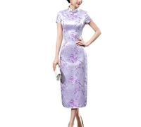Vestidos Chinos Largos para Mujer Cheongsam Cuello Mandarín Corte Ajustado Manga Corta Vestido Ceñido Estampado Floral Sexy Abertura Lateral Qipao para Festivales Bodas y Fiestas Morado Claro Tall