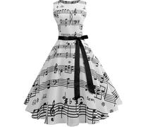 Vestidos con vuelo para mujer, con cuello barco, lazo en la cintura, sin mangas, vestidos de cóctel, estampados de notas musicales, vestidos de cintura estilo Audrey Hepburn, vestidos vintage retro