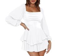 Vestidos Corto de Manga abombada con Hombros Descubiertos para Mujer, Cuello Cuadrado, con Volantes, Acampanado, Vestido de Playa con Vuelo y Vuelo de Verano