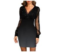 Vestidos Corto Elegantes Mujer Fiesta Bodycon Manga Larga Mini Vestido Lentejuelas Encaje Cuello Cóctel Purpurina Sexy Dress Brillante Nochevieja Fin Ano