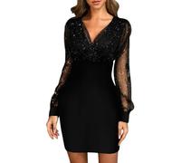 Vestidos Corto Manga Larga Mujer Vestidos de Fiesta Mujer Elegantes Mini Vestido de Encaje Cuello en V Dress Vestido de Lentejuelas Moda Sexy Vestidos (Negro M)
