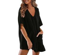 Vestidos Corto para Mujer Vestido Manga Corta Elegante Verano Casual Mini Vestidos Cuello en V Bolsillo Fiesta Moda Playa Suelto Vestido de Noche Vacaciones