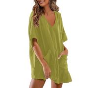 Vestidos Corto para Mujer Vestido Manga Corta Elegante Verano Casual Mini Vestidos Cuello en V Bolsillo Fiesta Moda Playa Suelto Vestido de Noche Vacaciones