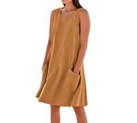 Vestidos cortos de verano de lino y algodón sin mangas para mujer, con bolsillos y tirantes, talla grande, tendencia, amarillo, L