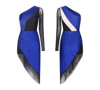 Vestidos Danza Latina Vestido de Baile Latino con Lentejuelas, Estilo cha-cha-chá y Tango, Ideal for Cabaret, borlas Brillantes pedrería. salón un Solo Hombro(Dark Blue,XXL)