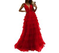 Vestidos de baile de graduación de tul con cuello en V profundo hinchado con gradas bola larga formal de fiesta de noche de cóctel vestidos de princesa de una línea de longitud hasta el suelo,