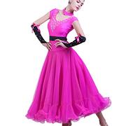 Vestidos de Baile de salón de Baile Profesionales para Mujeres Disfraces de Competencia de vals Elegante Tango Social Dancewear Disten de Manga Corta Vestido de Baile Moderno,Rose Red,XL