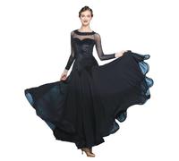 Vestidos De Baile De Salón De Terciopelo para Mujer Traje De Vals con Empalme De Malla Vestido De Fiesta Moderno Falda De Manga Larga para Bailar Tango,Negro,XL