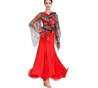 Vestidos De Baile De Salón Estampados para Mujer Traje De Entrenamiento De Vals Y Tango con Cuello En V Vestido De Malla para Baile Latino Falda De Práctica Moderna Gran Swing,Safflower,L