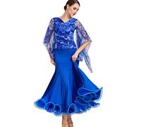 Vestidos De Baile De Salón Estampados para Mujer Traje De Entrenamiento De Vals Y Tango con Cuello En V Vestido De Malla para Baile Latino Falda De Práctica Moderna Gran Swing,Sapphire Flower,XXL
