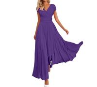 Vestidos De Boda Invitada, Vestidos De Graduación Juveniles Vestido Invitada Boda Verano Vestido Midi Manga Corta con Cuello En V Color Liso para Mujer Estilo Acampanado Corte A Ideal para La Playa