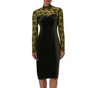 Vestidos de cóctel de terciopelo para mujer, con encaje de malla, cuello alto falso, manga larga, vestido ajustado de terciopelo, casual, delgado, elástico, hasta la rodilla, vestido de graduación