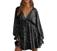 Vestidos de Cóctel hasta La Rodilla Vestidos de Noche Vestido Corto Suelto de Manga Larga para Mujer con Lentejuelas y Escote en V Estilo Brillante y Elegante