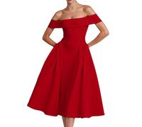 Vestidos de Cóctel Mujer Elegantes sin Hombros Manga Corta Línea A con Vuelo Boda Fiesta Nocturna Vestido Midi de Una Sola Capa en Satén Vestido de Noche y de Novia Corto y Ajustado