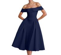 Vestidos de Cóctel Mujer Elegantes sin Hombros Manga Corta Línea A con Vuelo Boda Fiesta Nocturna Vestido Midi de Una Sola Capa en Satén Vestido de Noche y de Novia Corto y Ajustado