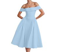 Vestidos de Cóctel Mujer Elegantes sin Hombros Manga Corta Línea A con Vuelo Boda Fiesta Nocturna Vestido Midi de Una Sola Capa en Satén Vestido de Noche y de Novia Corto y Ajustado