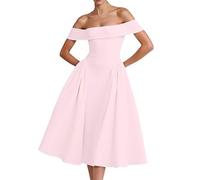 Vestidos de Cóctel Mujer Elegantes sin Hombros Manga Corta Línea A con Vuelo Boda Fiesta Nocturna Vestido Midi de Una Sola Capa en Satén Vestido de Noche y de Novia Corto y Ajustado