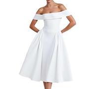 Vestidos de Cóctel Mujer Elegantes sin Hombros Manga Corta Línea A con Vuelo Boda Fiesta Nocturna Vestido Midi de Una Sola Capa en Satén Vestido de Noche y de Novia Corto y Ajustado