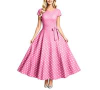 Vestidos de cóctel para mujer, lunares de manga corta, cuello redondo, elegante, Audrey Hepburn, vestido de verano con plisado, vestido de los años 50, vestido de línea A, vestido midi para fiesta