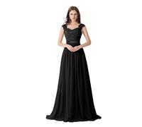 Vestidos de dama de honor de gasa con encaje y cuentas, for boda, corte en A, sin mangas, espalda hueca, largos, formales, for fiesta de noche y graduación(Black,14)