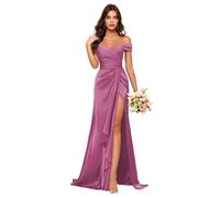 Vestidos de dama de honor de sirena con hombros descubiertos de satén para mujer con abertura alta larga y bordados, vestido formal de graduación de largo, Morera, 44
