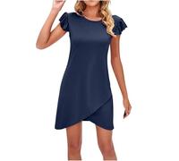 Vestidos de día para mujer, vestidos rectos de Reino Unido, cuello en V, manga corta, vestidos casuales con bolsillos, vestidos cortos de verano a la moda, azul marino, L