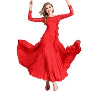 Vestidos De Encaje para Baile De Salón Falda De Competición De Vals Moderno para Mujer Trajes De Manga Larga para Baile De Tango Vestido De Práctica Latino Hueco,Rojo,S