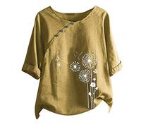 Vestidos de Fiesta Baratos Ladies Summer Cotton Linen Blouse O-Neck Button-Down Short Sleeve Tops Women Dandelion Print Printed Casual Tops Blusa Ladies Summer T-Shirt Disponi Sudadera Lila Ofertas