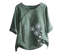 Vestidos de Fiesta Baratos Ladies Summer Cotton Linen Blouse O-Neck Button-Down Short Sleeve Tops Women Dandelion Print Printed Casual Tops Blusa Ladies Summer T-Shirt Disponi Jerseys Mujer Ofertas
