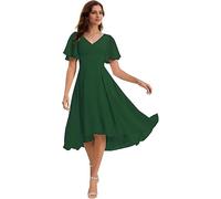 Vestidos de fiesta de gasa con cuello en V, fruncido, corto, para dama de honor, acampanado, con mangas con vuelo, vestidos de fiesta, Verde esmeralda., XXS