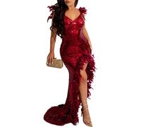 Vestidos de Fiesta de Plumas de Lentejuelas Sexis para Mujer Vestido Largo de Fiesta de Mascarada Formal de Noche con Escote en V Profundo y Abertura Alta (Rojo,S)