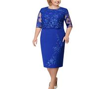 Vestidos De Fiesta De Talla Grande para Mujer De Encaje De Manga Corta Midi Vestidos De CóCtel para Mujer Vestidos De Fiesta De Noche Elegante Azul M