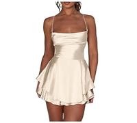 Vestidos De Fiesta Mujer Elegantes -Monos corto espalda scubierta, satén cuello vuelto y lazo volantes y tirantes finos, mini(Beige, L)