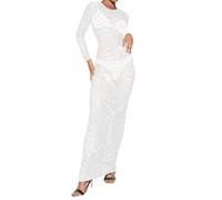 Vestidos De Fiesta Mujer Elegantes - Vestido Mujer Elegante Vestido largo de malla de color liso con mangas largas y diamantes de imitación para mujer elegante vestido de noche para fiestas y eventos