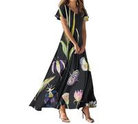 Vestidos De Fiesta Mujer Elegantes, Vestido Mujer para Comunion Vestido Primavera Elegante Vestidos Largo De Manga Corta con Cuello En V Y Estampado Floral para Estilo Bohemio Ideal Paras La Playa