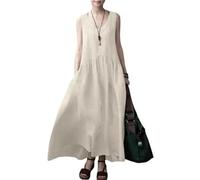 Vestidos De Fiesta Vestir Dress Mujer Niña Vestido Largo De Lino De Algodón Para Mujer Casual Vestido Sin Mangas De Mujer Con Cuello En V De Color Sólido Vestido De Tirantes Plisado De Playa Xl Beig