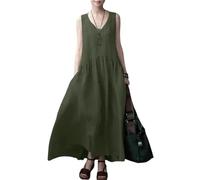 Vestidos De Fiesta Vestir Dress Mujer Niña Vestido Largo De Lino Y Algodón Para Mujer Casual Vestido Sin Mangas Sin Mangas De Color Sólido Con Cuello En V Playa Plisado Femenino Xl Verde Ejército