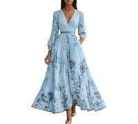 Vestidos De Gasa Elegantes para Mujer Corte A Escote En V Profundo Estampado Floral Mangas 3/4 Vestido Blanco Plisado con Estampado Floral Vestido Largo Formal De Noche para Invitada De Boda Cóctel