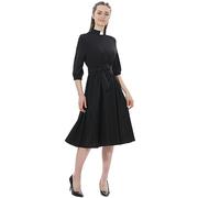 Vestidos de iglesia para mujer, estilo vintage Audrey Hepburn, vestido midi con cuello de pestaña, manga 3/4 abombada con cinturón largo, Negro, XL