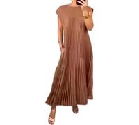 Vestidos de Iglesia para Mujer, Manga Corta, Cuello Redondo, Plisados, Estilo Fluido, Vestidos Largos Elegantes de Verano, Color marrón Oscuro, Talla XX Large