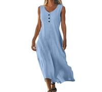 Vestidos de lino de verano para mujer, color sólido, cuello redondo, sin mangas, irregular, vestido largo casual, ajuste holgado, lindo vestido maxi de verano, azul, XL