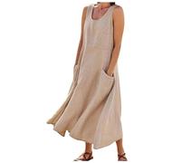 Vestidos de lino para mujer 2024, vestidos largos de algodón italiano, sin mangas, talla grande, cuello redondo, vestido de verano fluido, caqui, XXXL