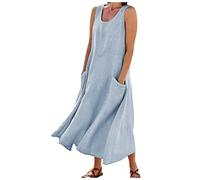 Vestidos de lino para mujer 2024, vestidos largos de algodón italiano, sin mangas, talla grande, cuello redondo, vestido de verano fluido, azul claro, XXL