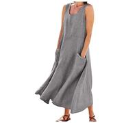 Vestidos de lino para mujer 2024, vestidos largos de algodón italiano, sin mangas, talla grande, cuello redondo, vestido de verano fluido, gris, XXXL