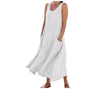 Vestidos de lino para mujer 2024, vestidos largos de algodón italiano, sin mangas, talla grande, cuello redondo, vestido de verano fluido, blanco, XXL