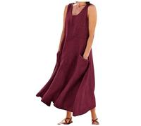Vestidos de lino para mujer 2024, vestidos largos de algodón italiano, sin mangas, talla grande, cuello redondo, vestido de verano fluido, rojo vino, XXXL