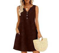 Vestidos de lino para mujer con cuello en V sin mangas - Vestido de verano con bolsillo Vestidos casuales ligeros y aireados Vestidos de playa, vestidos de túnica, holgados, informales, marrón, 5XL