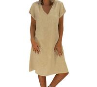 Vestidos de lino para mujer, talla grande, holgados, con cuello en V, de algodón, de verano, de manga corta, de algodón y lino, vestidos cortos de verano para Reino Unido, verde, XXL
