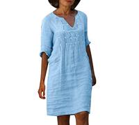 Vestidos de lino para mujer, verano midi, estampado informal, vestido de playa, verano, cuello en V, manga corta, vestido de verano, largo hasta la rodilla, lino, algodón, blusa, bohemio, media manga